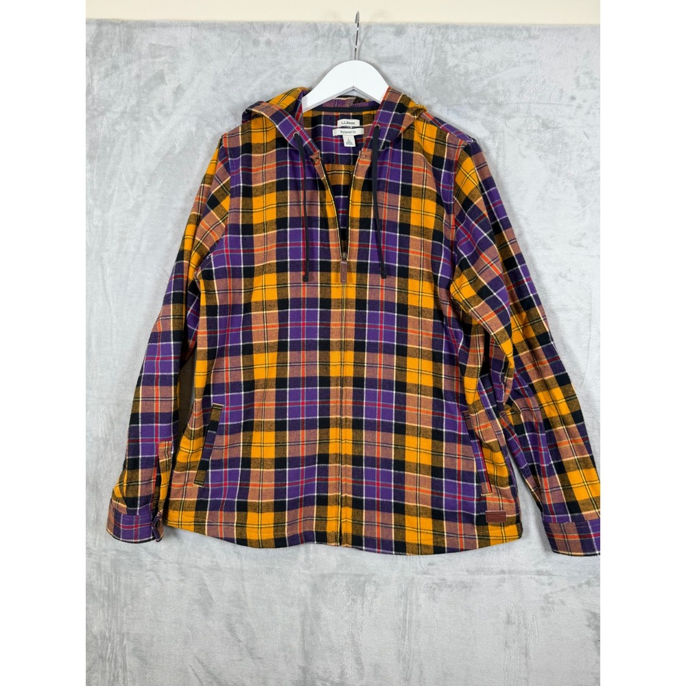 LL Bean Plaid Flannel Hoodie Large Tall Purple Yellow Red Relaxed Fit